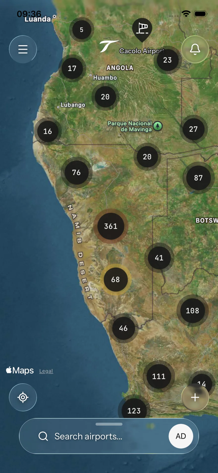 SkyTribe map view with airport markers across a region